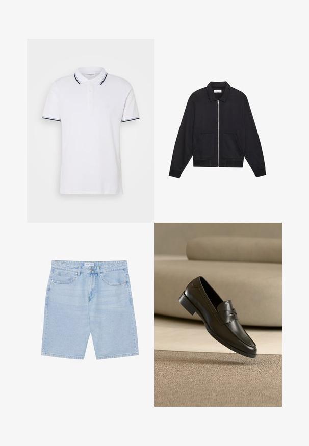 Zwarte ritssluiting jack met een kraag, twee voorkruiszakken, ribgebreide manchetten en een textuurstofafwerking. Eenvoudig en modern ontwerp.; Witte poloshirt van katoen met een kraag, drieknoopsluiting en marineblauwe en witte gestreepte accenten op de mouwen.; Lichtblauwe denim shorts met een rechte pasvorm, voorzien van voorzakken, knoopsluiting en een verouderde afwerking. Klassiek vijfzakken ontwerp.; Zwarte leren loafer zwevend boven een beige tapijt met een beige bank op de achtergrond, met een klassiek mannenmodel instapontwerp.