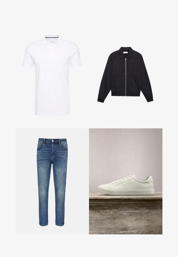 Veste noire zippée avec col, deux poches avant, poignets côtelés et finition en tissu texturé. Design simple et moderne.; Polo shirt blanc en coton, avec un col traditionnel, des manches courtes et une patte de boutonnage à trois boutons, avec des accents navy discrets à l'intérieur.; Jean droit bleu avec bouton et fermeture éclair à l'avant, passants pour ceinture et poches avant et arrière.; Sneaker en dentelle blanche flottant au-dessus d'un banc en bois avec un feuillage vert en arrière-plan, mettant en valeur le design et la texture de la chaussure.