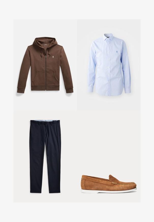 Sudadera con cremallera marrón hecha de tela suave, con un bolsillo frontal tipo canguro, capucha con cordón y un pequeño logo bordado en el pecho.; Camisa de manga larga a rayas en azul claro, fabricada en algodón. Presenta un collar con botones, tapeta con botones y un logo bordado en el pecho.; Pantalones de vestir azul marino para hombre con trabillas para cinturón, bragueta con cremallera y bolsillos laterales, extendidos planos sobre un fondo blanco.; Mocasín de ante marrón con suela blanca y costuras beige a lo largo de la puntera y el borde superior, mostrado de perfil sobre un fondo liso.