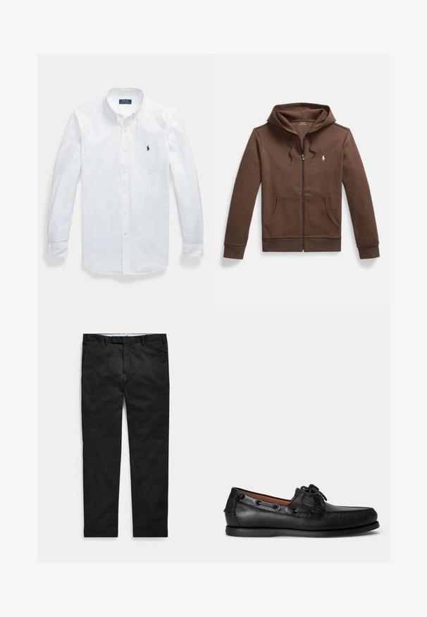 Brauner Kapuzenpullover mit Reißverschluss aus weichem Stoff, mit einer Kängurutasche vorne, Kapuze mit Kordelzug und kleinem, auf der Brust eingesticktem Logo.; Weißes, langärmeliges Hemd mit Knopfleiste und Kragen, Polo Ralph Lauren-Logo auf der linken Brust gestickt.; Schwarze Slim-Fit-Herrenhose mit Gürtelschlaufen und Vordertaschen, flach auf hellem Hintergrund ausgelegt.; Schwarzer Ledermokassin mit Schnürdetail und flacher Gummisohle, seitlich auf hellem Hintergrund gezeigt.
