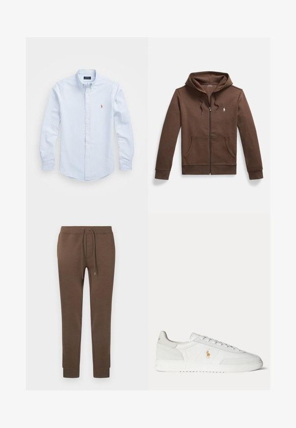 Bruine zip-up hoodie van zacht materiaal, voorzien van een voorzak in kangoostijl, capuchon met trekkoord en een klein geborduurd logo op de borst.; Lichtblauw en wit gestreept overhemd met knopen, een kraag, lange mouwen en een klein geborduurd logo op de borst. Katoenen materiaal.; Bruine trainingsbroek van zacht, rekbaar materiaal met een elastische tailleband, trekkoord en geribbelde boorden. Klein logo linksboven.; Witte lage sneaker met vetersluiting, gouden Polo Ralph Lauren-logo aan de zijkant en een gestructureerde zool op een effen achtergrond.