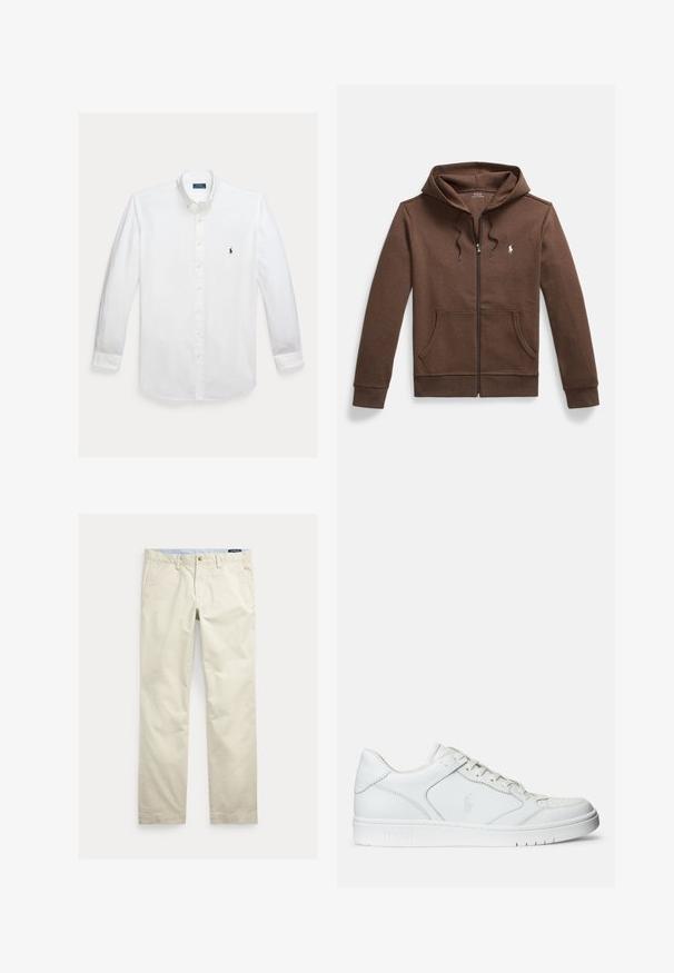 Bruine zip-up hoodie van zacht materiaal, voorzien van een voorzak in kangoostijl, capuchon met trekkoord en een klein geborduurd logo op de borst.; Witte blouse met lange mouwen, knoopsluiting, kraag en klein marineblauw Polo Ralph Lauren-logo geborduurd op de borst.; Beige katoenen broek met rechte pijpen, riemlussen, voorste knoop, ritssluiting en zijzakken.; Witte leren sneaker met een gladde textuur, voorzien van een geperforeerde neus, vetersluiting en geborduurde logo aan de zijkant. Witte rubberen zool.