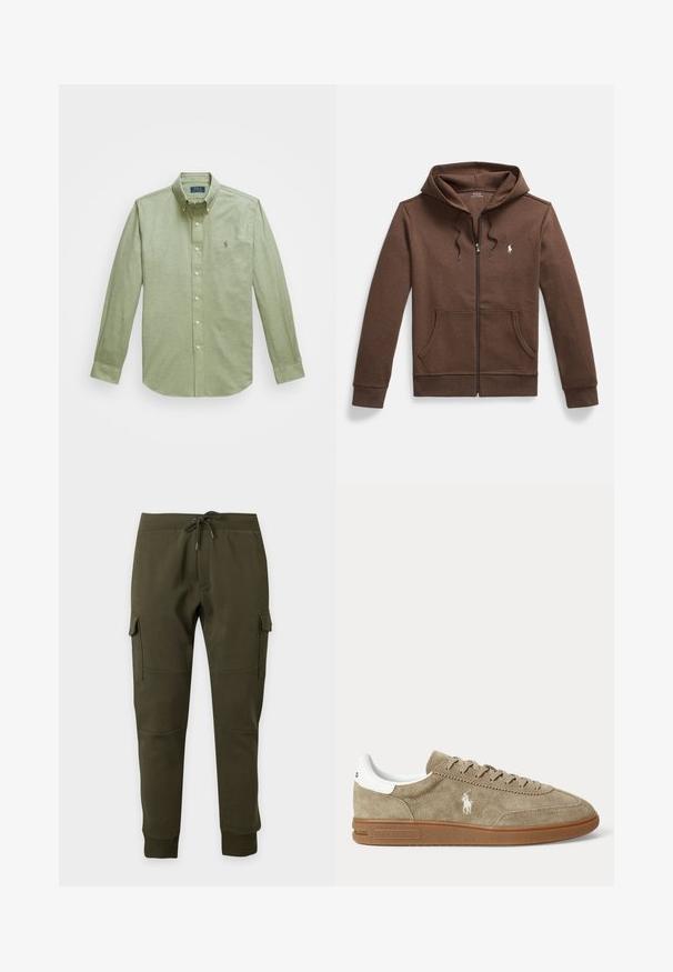 Bruine zip-up hoodie van zacht materiaal, voorzien van een voorzak in kangoostijl, capuchon met trekkoord en een klein geborduurd logo op de borst.; Lichtgroen langemouwige overhemd met knoopsluiting, voorzien van een puntige kraag, een klein geborduurd logo op de borst en parelknopen.; Donkergroene cargojoggingbroek met trekkoord in de taille, zijzakken met klep, geribde enkelboorden en kniezaaddetails op een effen achtergrond.; Beige suède lage sneaker met bruine zool, witte hiel-detail, veters en een wit geborduurd polo-speler logo aan de zijkant.