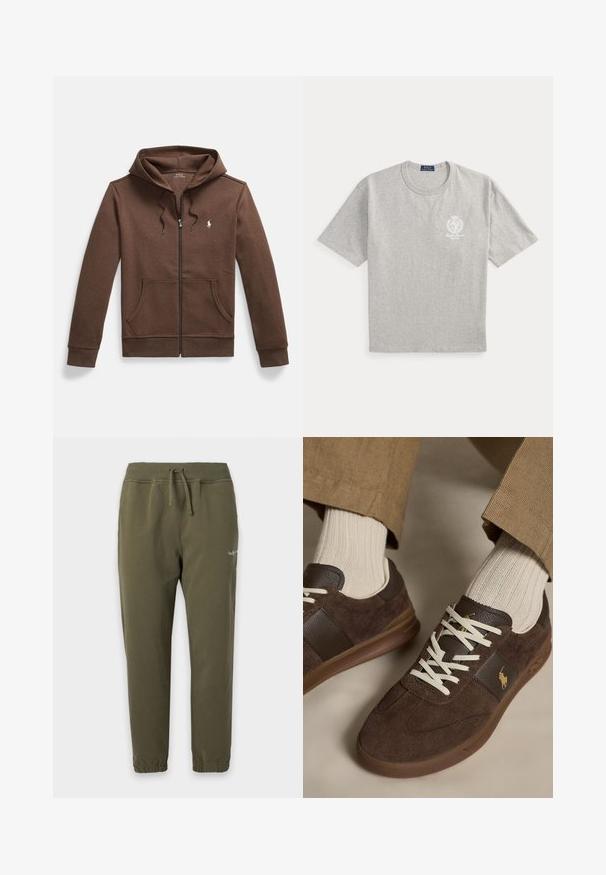 Brauner Kapuzenpullover mit Reißverschluss aus weichem Stoff, mit einer Kängurutasche vorne, Kapuze mit Kordelzug und kleinem, auf der Brust eingesticktem Logo.; Hellgraues T-Shirt mit kurzen Ärmeln, mit kleinem weißem Polo Ralph Lauren-Logo und Wappen auf der linken Brustseite sowie einem blauen Markenlabel innen am Kragen.; Olivgrüne Jogginghose mit elastischem Bund und Bündchen, Kordelzug und kleinem weißem Logo am oberen Oberschenkel.; Braune Veloursleder-Sneaker mit weißen Schnürsenkeln, getragen mit beigen gerippten Socken und hellbraunen Hosen.