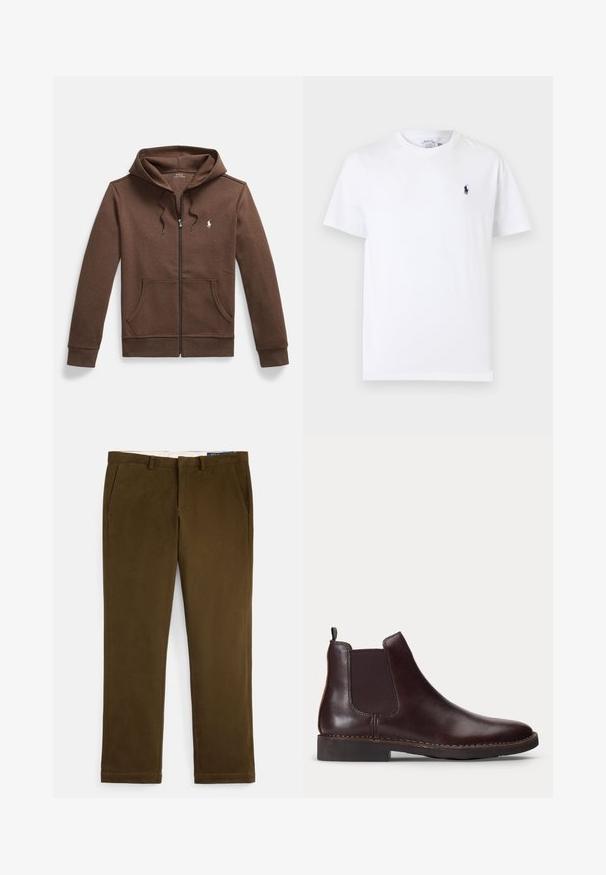 Bruine zip-up hoodie van zacht materiaal, voorzien van een voorzak in kangoostijl, capuchon met trekkoord en een klein geborduurd logo op de borst.; Wit T-shirt met korte mouwen en ronde hals met klein donkerblauw polo spelerslogo op de linkerborst.; Bruine katoenen chinos met een gladde afwerking, vlakke voorkant, zijzakken en rechte pijpen. Voorzien van een subtiel stiksel langs de zomen.; Donkerbruine leren Chelsea-boot met elastisch zijpaneel en lage hak, weergegeven in profiel op een witte achtergrond.