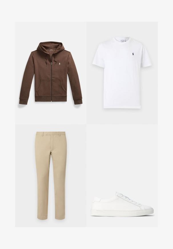 Hnedá mikina na zips z mäkkej tkaniny, s predným klokanie vreckom, kapucňou so šnúrkou a malým vyšívaným logom na prsiach.; Biele tričko s krátkym rukávom a okrúhlym výstrihom, s malým tmavomodrým logom hráča póla na ľavej strane hrudníka.; Béžové bavlnené nohavice so rovnými nohavicami, ktoré majú pútka na opasok, plochý predný diel a upravené lemy. Hladká textúra a minimálne detaily.; Biele kožené tenisky s hladkým povrchom, zaobleným tvarom, plochou gumenou podrážkou a bielymi šnúrkami. Majú minimalistický dizajn a nenápadné branding.