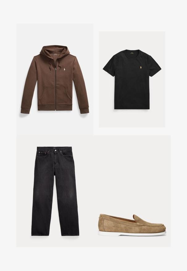 Brauner Kapuzenpullover mit Reißverschluss aus weichem Stoff, mit einer Kängurutasche vorne, Kapuze mit Kordelzug und kleinem, auf der Brust eingesticktem Logo.; Schwarzes T-Shirt mit kurzen Ärmeln und Rundhalsausschnitt mit kleinem gelben Polo Ralph Lauren-Logo auf der linken Brust.; Schwarze Jeans mit geradem Bein, fünf Taschen, Knopfverschluss und sichtbaren Metallnieten an den vorderen Taschen.; Hellbrauner Wildleder-Loafer mit weißer Sohle, Mokassinnähten und Schlupfdesign, von der Seite vor einfachem Hintergrund abgebildet.