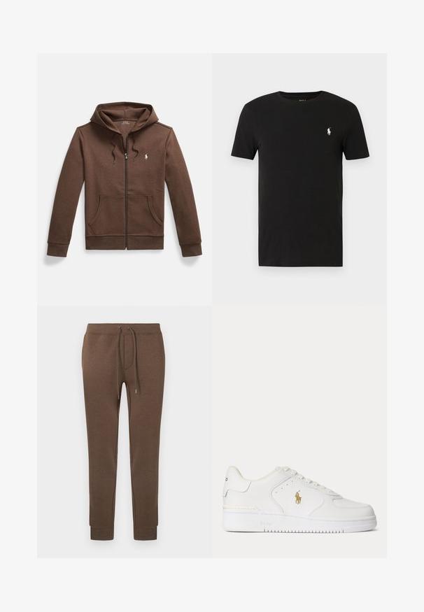 Brun hættetrøje med lynlås lavet af blødt stof, med en kængurulomme foran, snøre i hætten og lille broderet logo på brystet.; Sort bomulds-T-shirt med korte ærmer, rund hals og en lille hvid logo på venstre bryst. Glat tekstur, klassisk pasform.; Brune joggingbukser i et blødt, elastisk materiale med elastik i taljen, snørebånd og ribstrikkede manchetter. Lille logo øverst til venstre.; Hvid lavtopet lædersneaker med hvide snørebånd og et gyldent Polo Ralph Lauren-logo på siden samt "Polo" præget på sålen.