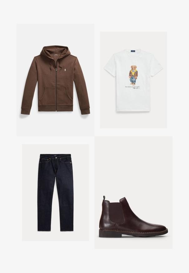 Brauner Kapuzenpullover mit Reißverschluss aus weichem Stoff, mit einer Kängurutasche vorne, Kapuze mit Kordelzug und kleinem, auf der Brust eingesticktem Logo.; Weißes Baumwoll-T-Shirt mit einer Grafik eines gekleideten Cartoon-Bären. Auffällige Details sind eine braune Jacke, eine gelbe Kapuzenjacke und blaue Jeans.; Dunkel indigoblaue Jeans mit geradem Bein, fünf Taschen, Knopf- und Reißverschluss und kontrastierenden orangen Nähten auf einfarbigem Hintergrund.; Dunkelbrauner Leder Chelsea-Stiefel mit elastischem Seitenpaneel und niedrigem Absatz, im Profil vor weißem Hintergrund gezeigt.