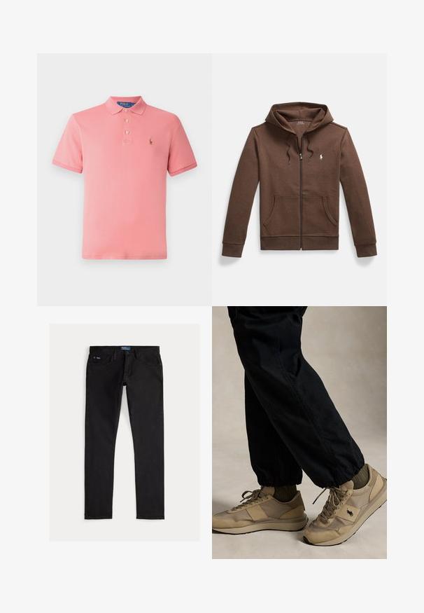 Hnedá mikina na zips z mäkkej tkaniny, s predným klokanie vreckom, kapucňou so šnúrkou a malým vyšívaným logom na prsiach.; Ružový polo tričko vyrobené z bavlny. Má klasický golier, zapínanie na tri gombíky a vyšitý logo na ľavej strane hrude. Krátke rukávy.; Čierne úzke džíny z denimu s piatimi vreckami, pútkami na opasok a modrou značkovou štítkom na páse. Hladká, odolná látka.; Osoba, ktorá má na sebe béžové tenisky na šnurovanie s čiernym logom, olivovo zelené ponožky a čierne nohavice s elastickými manžetami, stojaca na neutrálnej podlahe.
