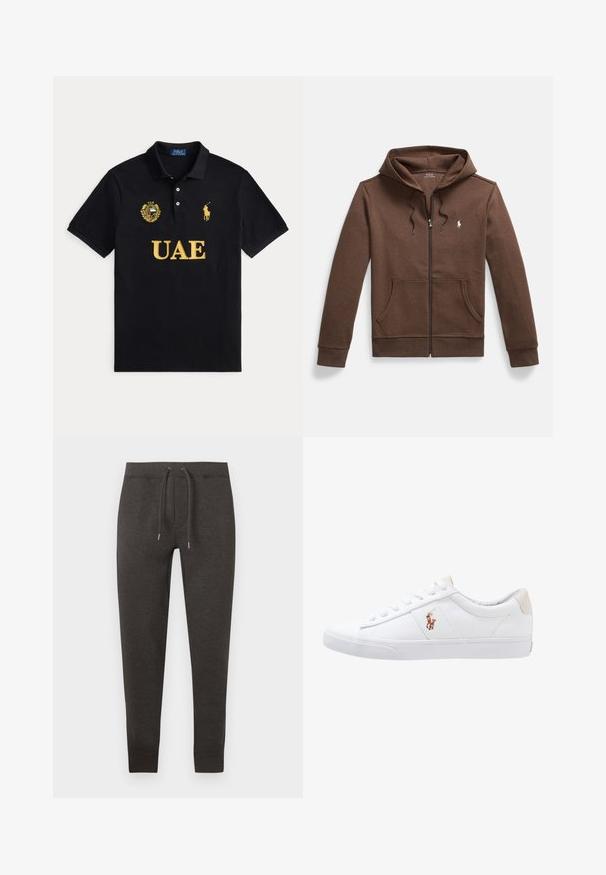 Sweat à capuche marron avec fermeture éclair, confectionné dans un tissu doux, doté d'une poche kangourou avant, d'une capuche avec cordon de serrage et d'un petit logo brodé sur la poitrine.; Polo noir avec texte jaune UAE, emblème UAE sur la poitrine gauche et logo joueur de polo Ralph Lauren jaune sur la poitrine droite.; Pantalon de survêtement gris foncé en matière douce, doté d'une ceinture élastique avec cordon de serrage, jambes fuselées et poignets à la cheville.; Baskets en toile blanches avec un design basse, présentant un onglet de talon beige et un petit logo brodé sur le côté. Semelle en caoutchouc.