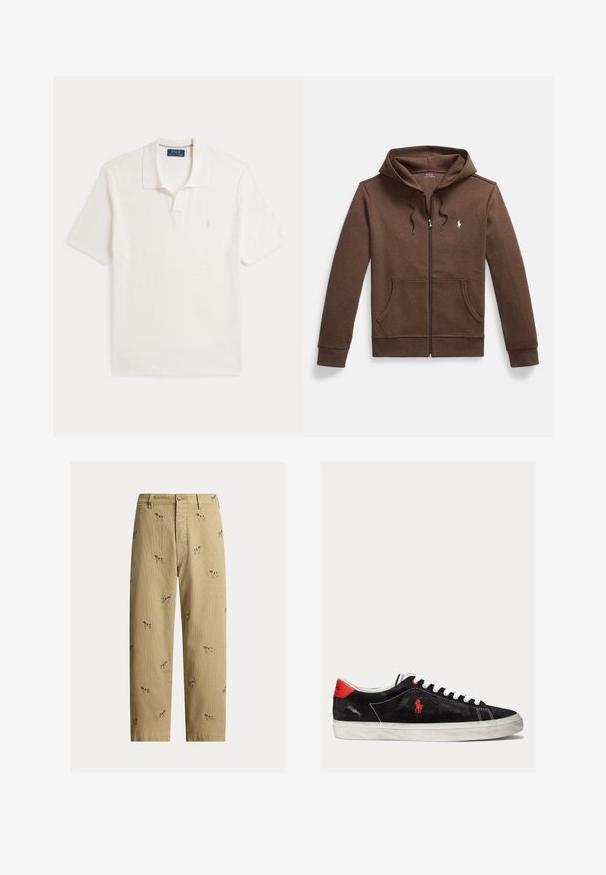 Sudadera con cremallera marrón hecha de tela suave, con un bolsillo frontal tipo canguro, capucha con cordón y un pequeño logo bordado en el pecho.; Polo blanco de manga corta con cuello y pequeño logo bordado en el pecho izquierdo, etiqueta de la marca en el interior del cuello.; Pantalones de pana beige con diseños bordados de perros, corte recto y estilo de cinco bolsillos con cierre de botón frontal.; Zapatillas de ante negro con cordones blancos, acentos rojos en el talón y un pequeño logo rojo. Presenta una suela de goma plana y un cosido sencillo.