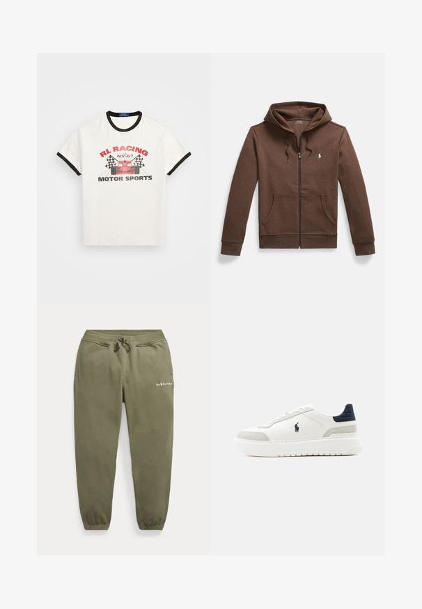 Brauner Kapuzenpullover mit Reißverschluss aus weichem Stoff, mit einer Kängurutasche vorne, Kapuze mit Kordelzug und kleinem, auf der Brust eingesticktem Logo.; Weißes Baumwoll-T-Shirt mit schwarzem Ringkragen und Ärmeln. Mit rotem und schwarzem Grafikdruck, der eine Illustration eines Rennautos und Schachbrettflaggen zeigt.; Olivgrüne Jogginghose mit elastischem Bund und Bündchen, Kordelzug, Seitentaschen und kleinem Polo Ralph Lauren Logo am linken Oberschenkel.; Weißer Sneaker mit niedrigem Schaft, schwarzem Fersenriemen, grauen Wildlederakzenten, dicker Sohle und schwarzem Polo-Logo an der Außenseite.