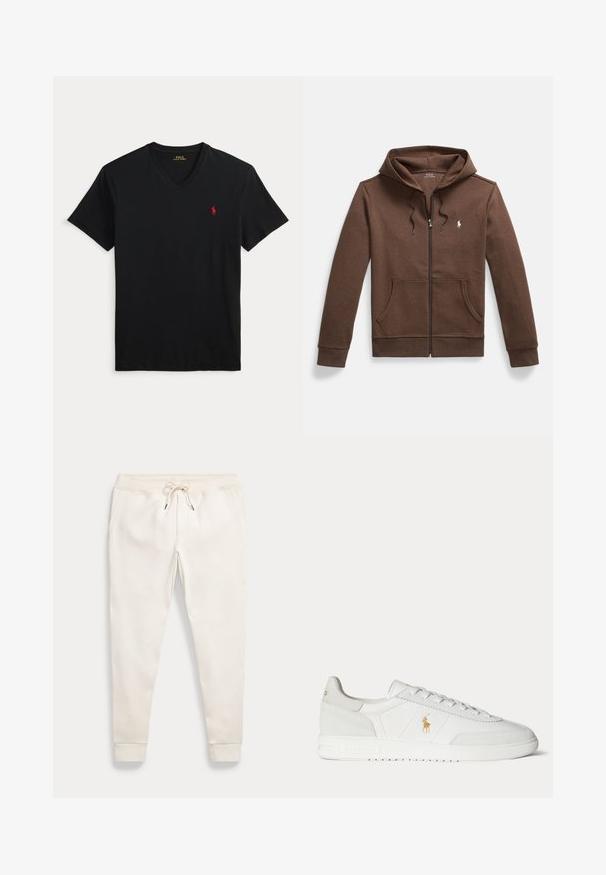 Hnedá mikina na zips z mäkkej tkaniny, s predným klokanie vreckom, kapucňou so šnúrkou a malým vyšívaným logom na prsiach.; Čierne tričko s výstrihom do V a krátkym rukávom s malým červeným logom Polo Ralph Lauren na ľavej strane hrudníka.; Svetlo biele zúžené športové nohavice s elastickým pásom, šnúrkou, bočnými vreckami a lemami na členkoch na jednofarebnom pozadí.; Biela nízka teniska so šnurovaním, zlaté logo Polo Ralph Lauren na boku a textúrovaná podrážka na jednofarebnom pozadí.