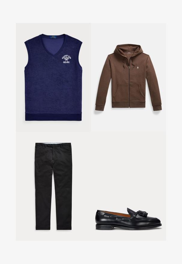 Sudadera con cremallera marrón hecha de tela suave, con un bolsillo frontal tipo canguro, capucha con cordón y un pequeño logo bordado en el pecho.; Polo sin mangas de color azul marino en material de rizo; presenta un escote en forma de v, cuello acanalado y un logo blanco con raquetas de tenis.; Pantalones de hombre negros de corte slim con trabillas para cinturón y bolsillos delanteros, extendidos sobre un fondo claro.; Mocasín negro de cuero con detalle de borlas y tacón bajo, visto de lado contra un fondo sencillo.