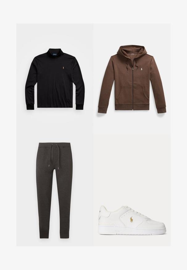 Pruun lukuga dressipluus pehmest kangast, millel on esiosa kängurutasku, paelaga kapuuts ja väike tikandiga logo rinnal.; Must have pikkade varrukatega must polo särk, millel on kõrgem krae. Valmistatud siledast kangast, vasakul rinnal on väike tikitud logo.; Tumedat hallid spordipüksid pehmest materjalist, millel on elastne vöökoht nööriga, kitsenevad sääred ja pahkluudes mansetid.; Valged madala säärega nahast tossud valgete nööpide ja külgedel kuldse Polo Ralph Laureni logoga ning "Polo" tallale reljeefselt pressitud.