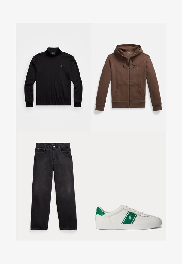 Hnedá mikina na zips z mäkkej tkaniny, s predným klokanie vreckom, kapucňou so šnúrkou a malým vyšívaným logom na prsiach.; Čierna dlhá polo košeľa s vysokým golierom, vyrobená z hladkej tkaniny, so malým vyšitým logom na ľavej hrudi.; Čierne rifle s rovnými nohavicami, piatimi vreckami, zapínaním na gombíky a viditeľnými kovovými nitmi na predných vreckách.; Biele nízke tenisky s zeleným pruhom a logom Polo na boku, zelený jazyk na päte a biele šnúrky, zobrazené z ľavej strany na jednoduchom pozadí.