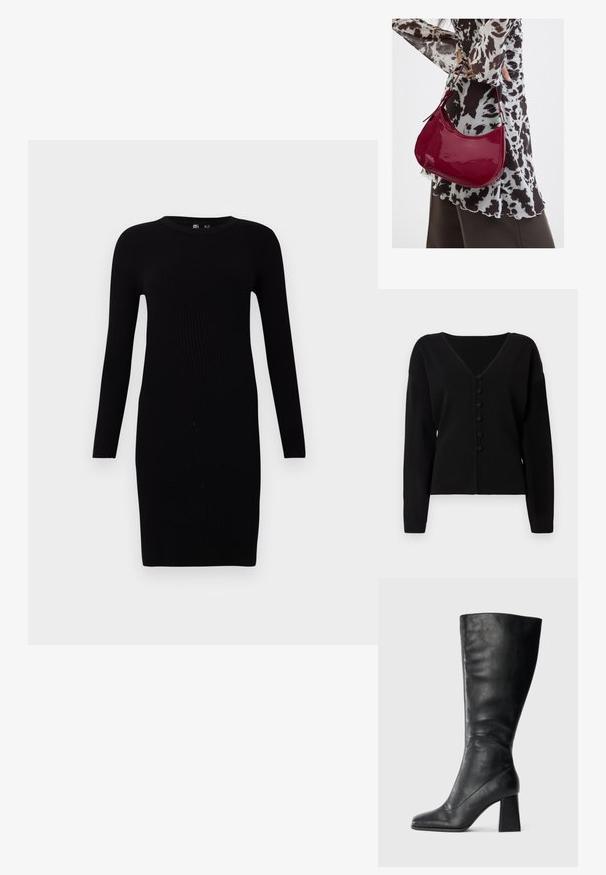 Schwarzer Pullover mit V-Ausschnitt, langen Ärmeln und sechs runden Knöpfen auf der Vorderseite. Hergestellt aus einem weichen, strukturierten Material.; Schwarzes geripptes Strickkleid mit langen Ärmeln, rundem Ausschnitt, figurbetontem Schnitt und mittellanger Länge. Glatte Textur, minimalistisches Design.; Schwarzer kniehoher Stiefel aus glattem Leder mit quadratischer Schuhspitze und klobigem Blockabsatz. Einfaches Design ohne Verzierungen.; Frau trägt eine schwarz-weiß gemusterte Bluse und hält eine glänzende rote Schultertasche vor einem einfarbigen Hintergrund.