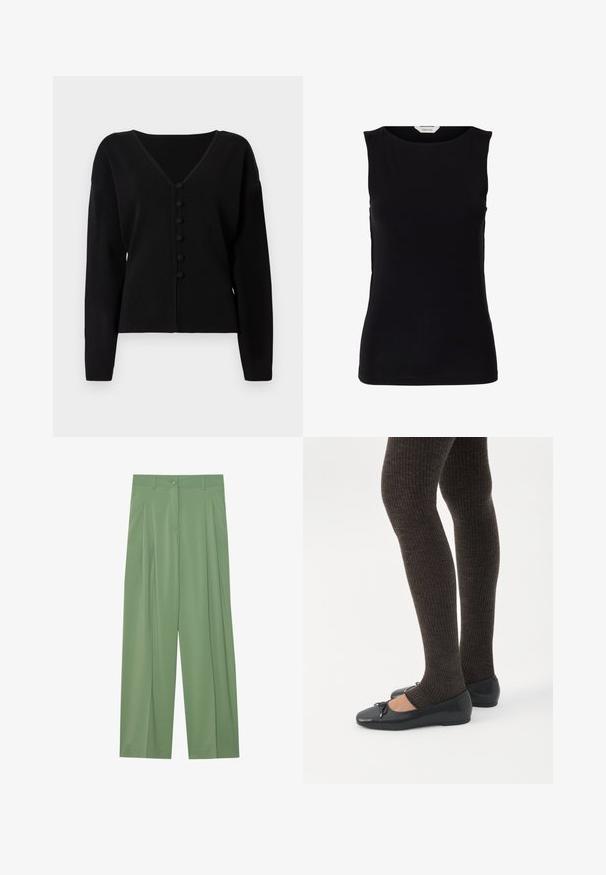 Sort sweater med V-hals, lange ærmer og seks runde knapper ned foran. Lavet af et blødt, tekstureret materiale.; Sort ærmeløs tætsiddende top med rund halsudskæring og hvidt mærke med brand inde i kraven.; Grønne brede bukser lavet af glat stof. Har folder foran, en enkelt knaplukning og bæltestropper.; Ben iført mørke ribbede leggings kombineret med sorte balletsko med små sløjfedetaljer på hvid baggrund.