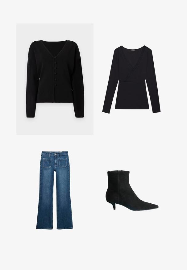Sort sweater med V-hals, lange ærmer og seks runde knapper ned foran. Lavet af et blødt, tekstureret materiale.; Sort langærmet top med indpakningsdesign, der har en V-halsudskæring trimmet med blonder, lavet af blødt stof med en tætsiddende silhuet.; Blå denim flared jeans med mellemhøj talje, frontknap og lynlås lukning, fem lommer og syet detaljering på sømmene.; Sort ruskinds ankelstøvle med spids tå og en lille kittenhæl, der har en glat tekstur og et rent, minimalistisk design.