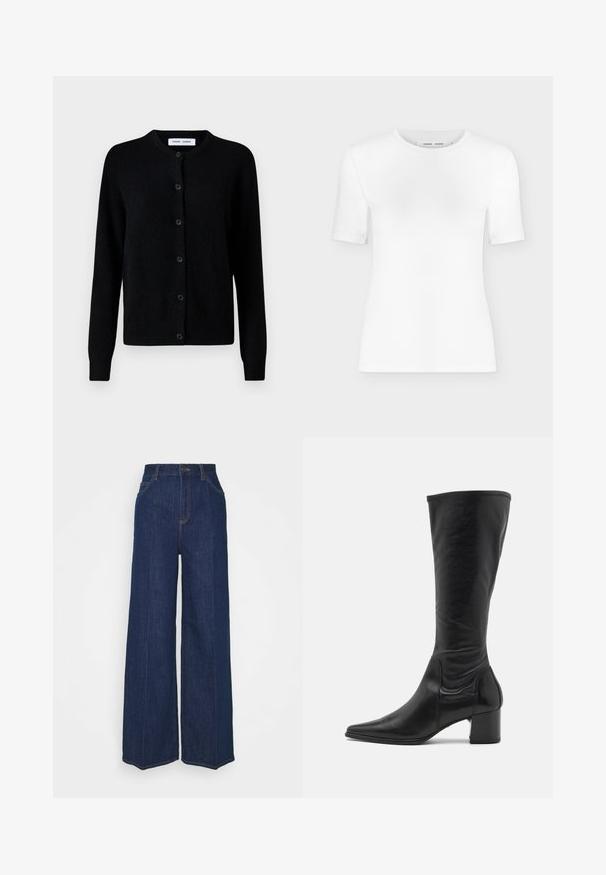 Cardigan en maille noire avec un col rond, ouverture devant par boutons, manches longues, bords côtelés aux poignets et à l'ourlet, fabriqué en tissu en laine douce.; T-shirt blanc à manches courtes avec col rond, coupe slim et texture de tissu côtelé, présenté sur un fond uni gris clair.; Jean en denim bleu foncé à taille haute et jambes larges, avec poches avant et arrière, fermeture à bouton et coutures visibles.; Botte en cuir noire arrivant au genou avec un bout pointu, des détails de couture minimum et un talon carré épais. Texture lisse avec un fini brillant.