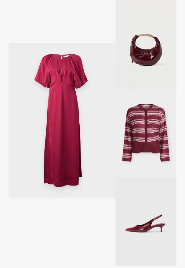Cardigan bordeaux boutonné avec des rayures blanches horizontales, manches longues et col rond, présenté sur un fond uni.; Robe longue bordeaux avec manches courtes bouffantes, détail d'encolure froncée avec ouverture en forme de goutte, et taille ajustée.; Escarpin à talon kitten en cuir bourgogne avec texture crocodile, bout pointu, bride ajustable et talon bas sur fond blanc.; Sac à main en simili cuir bordeaux avec une forme arrondie, des détails froncés et une anse en métal doré. Texture lisse et finition brillante.