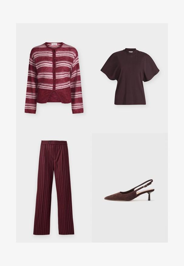 Hemdstrickjacke in Bordeaux mit horizontalen weißen Streifen, langen Ärmeln und rundem Ausschnitt, auf einfarbigem Hintergrund dargestellt.; Dunkelbraunes Kurzarm-Top mit weiten Ärmeln und hohem Rundhalsausschnitt, präsentiert auf weißem Hintergrund.; Burgunderfarbene weite Hosen mit einem Streifenmuster, gefältelter Vorderseite und Knopfverschluss, gefertigt aus einem glatten Stoff mit strukturiertem Design.; Braune Wildleder-Slingback-Schuhe mit spitzer Zehenform und schmalem Absatz. Verfügt über einen verstellbaren Riemen mit einer Metall-Schnalle.