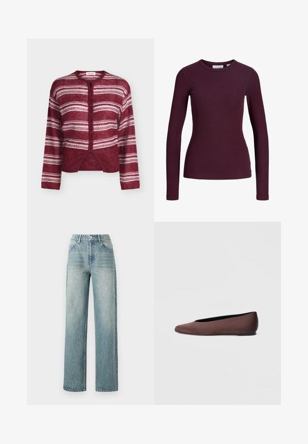 Knopen maroon cardigan met horizontale witte strepen, lange mouwen en een ronde hals, getoond op een effen achtergrond.; Getailleerde ribgebreide top met lange mouwen in donkerpaars met een ronde hals zonder zichtbare knopen of patronen.; Copenhagen Muse JEANNE PANTS - Relaxed fit jeans - medium dirty washed denim; Bruine stoffen balletschoenen met een puntige neus en een gladde textuur, voorzien van een lage achterkant en een dunne zwarte zool. Geen zichtbare patronen of metalen onderdelen.