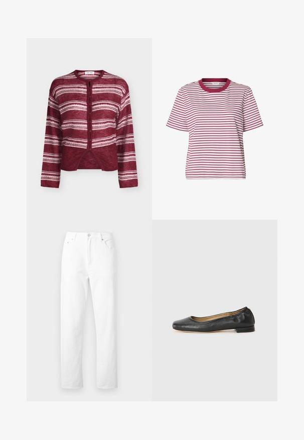 Cardigan bordeaux boutonné avec des rayures blanches horizontales, manches longues et col rond, présenté sur un fond uni.; T-shirt blanc à manches courtes avec fines rayures horizontales rouges et un col rond rouge uni.; Jean denim blanc à jambes droites avec poches avant, passants pour ceinture et fermeture par bouton, présenté sur un fond blanc uni.; Ballerines en cuir noir avec un bout arrondi et des coutures minimales. Talon bas et rectangulaire avec une texture lisse. Détails subtils de doublure intérieure.