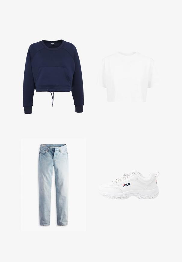 Sweatshirt navy court en tissu doux avec des manches raglan, une poche frontale et un cordon de serrage à l'ourlet. Possède des manches à bords côtelés.; T-shirt blanche raccourcie, à manches courtes, col rond, en tissu lisse, sans motifs visibles ni quincaillerie distincte.; Jean en denim bleu clair avec une coupe droite, cinq poches et des fermetures à boutons métalliques sur une ceinture standard.; Baskets blanches de sport avec une tige en cuir lisse, dotées d'une semelle en caoutchouc texturé, d'œillets métalliques et d'un logo contrastant sur le côté.