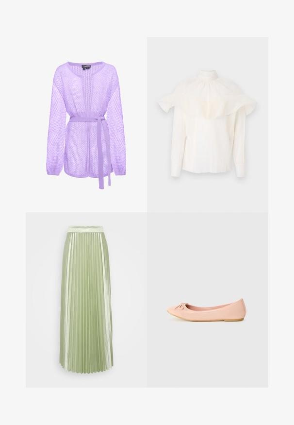 Lavendel-farbener, offen gestrickter Cardigan mit langen Ärmeln und passendem Stoffgürtel, der in der Taille gebunden ist, dargestellt vor weißem Hintergrund.; Weiße Bluse mit hohem Kragen, strukturiertem Stoff und übergroßen Rüschensäumen. Lange Ärmel mit eng anliegenden Manschetten und lockerer Passform.; Gefalteter Rock aus leichtem grünen Satin mit einem breiten Bund und vertikalen Falten, die eine glatte, fließende Silhouette erzeugen.; Ballerina-Schuh aus leichtem, synthetischem Material in Hellrosa mit runder Zehenform, ausgestattet mit einem kleinen Schleifendetail und einer flexiblen Sohle.