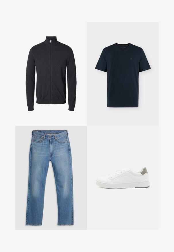 Mørkegrå zip-up sweater med lange ærmer og høj krave, lavet af strikket stof, vist på hvid baggrund.; Mørk marineblå T-shirt med korte ærmer og rund halsudskæring med et lille, diskret logo på venstre bryst mod en hvid baggrund.; Blå lige ben denim jeans med frontknap og lynlås, bæltestropper og fem lomme-design på en hvid baggrund.; Hvid sneaker lavet af glat læder, rund tå, minimalistisk design, grå hælafsats og tekstureret gummisål.