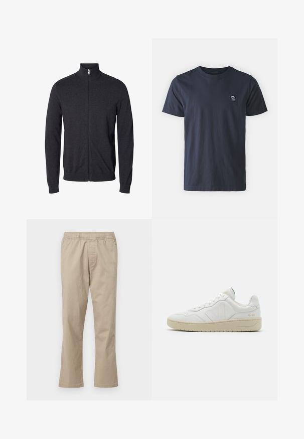Mørkegrå zip-up sweater med lange ærmer og høj krave, lavet af strikket stof, vist på hvid baggrund.; Mørkeblå bomulds T-shirt med rund hals, korte ærmer og et lille broderet design på venstre bryst. Glat tekstur, afslappet pasform.; Beige bomuldsbukser med elastisk talje, lige ben-design og sidelommer, med en glat tekstur og uden mønstre.; Hvide lædersneakers med struktureret overflade og polstret krave. Har en beige gummisål og diskret branding på hælen og siden.