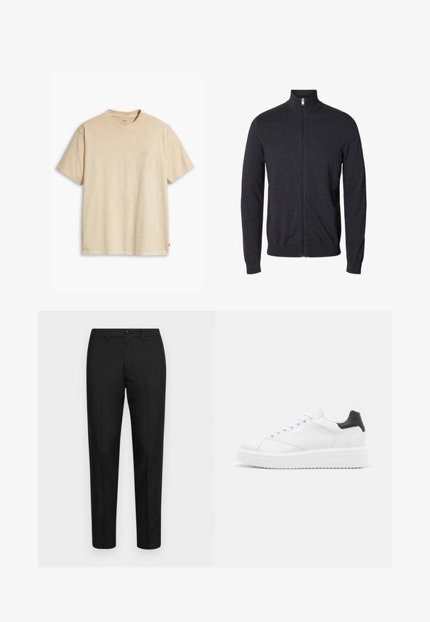 Mørkegrå zip-up sweater med lange ærmer og høj krave, lavet af strikket stof, vist på hvid baggrund.; Beige bomulds t-shirt med rund hals og korte ærmer. Har et subtilt "Levi's" logo i samme farve på brystet. Blød tekstur.; Sorte bukser lavet af glat stof med slim fit, med knaplukning, bæltestropper og lige ben.; Hvide lædersneakers med en sort hælflap, flade snørebånd, struktureret mellemsål og branding på ydersiden. Designet til afslappet brug.