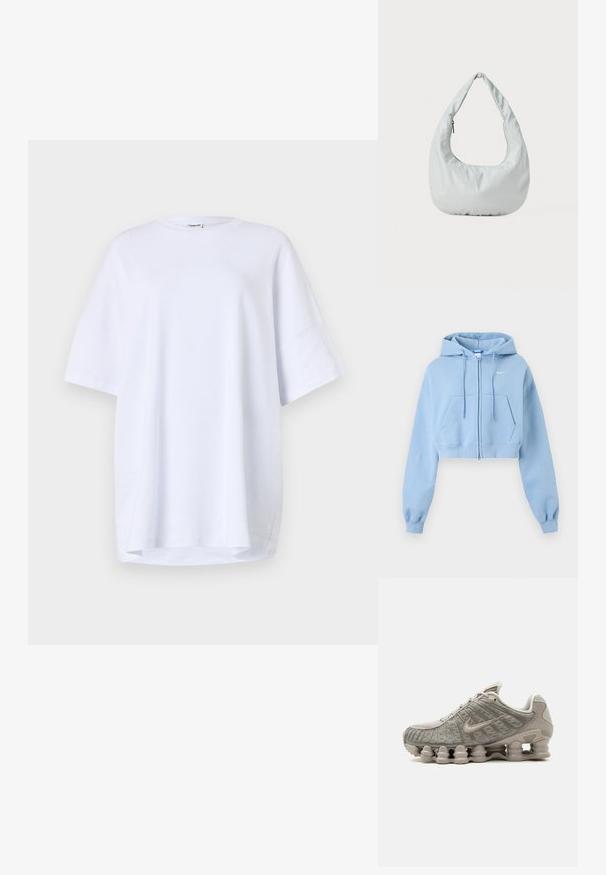Sudadera cropped azul claro con cremallera, bolsillos frontales, capucha con cordón, puños acanalados y pequeño logo blanco de Nike en el pecho.; Camiseta blanca de algodón de manga corta y corte oversize. Cuello redondo, aberturas laterales en el dobladillo y textura suave sin patrones o acentos visibles.; Zapatilla Nike Shox beige clara con suela acolchada visible en forma de columna y detalles en malla en la parte superior.; Bolso hobo suave y de color gris claro, hecho de material sintético. Cuenta con un asa acolchada y un compartimento con cremallera en el lateral.