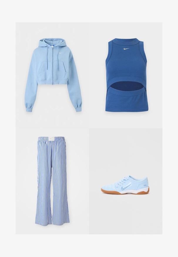 Hellblauer, kurz geschnittener Kapuzenpullover mit Reißverschluss, Fronttaschen, Kordelzugkapuze, gerippten Bündchen und kleinem weißen Nike-Logo auf der Brust.; Blaues ärmelloses Nike Crop-Top mit hohem Kragen und Ausschnitt am Bauch, geripptem Stoff und weißem Swoosh-Logo mittig auf der Vorderseite.; Blaue und weiße gestreifte Hose mit lockerer Passform, aus leichtem Stoff, mit elastischem Bund und einem dezenten Logo-Tag.; Helle blaue Sportschuhe mit einem glatten synthetischen Obermaterial, strukturierten Akzenten und einer Gummisohle. Mit einem Logo an der Seite.