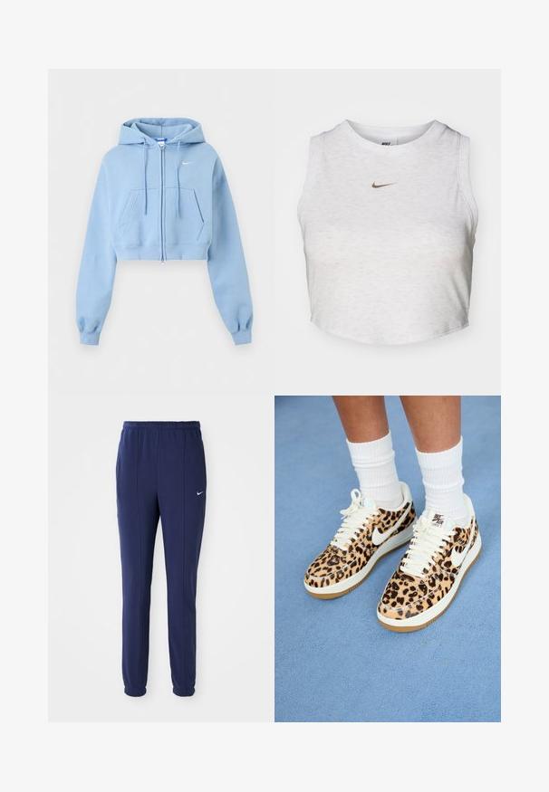 Sudadera cropped azul claro con cremallera, bolsillos frontales, capucha con cordón, puños acanalados y pequeño logo blanco de Nike en el pecho.; Top corto blanco hecho de una tela suave y texturizada. Presenta un cuello redondo y un diseño sin mangas, con un pequeño logotipo dorado de Nike en la parte delantera.; Pantalones deportivos azul marino con cintura elástica, piernas ajustadas y logo de Nike blanco en el lado izquierdo. Hechos de una tela suave.; Zapatillas Nike Air Force 1 con estampado de leopardo, con cordones blancos y el swoosh, cuentan con una suela de goma color beige y parte superior texturizada. Calcetines blancos de caña corta visibles.