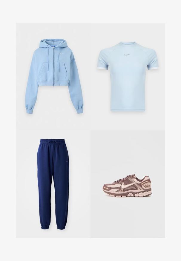 Svetlomodrá krátka mikina na zips s prednými vreckami, kapucňou so šnúrkou, rebrovanými lemami a malým bielym logom Nike na hrudi.; Svetlomodrý atletický top s krátkym rukávom vyrobený z hladkej látky. Má okrúhly výstrih a nenápadné logo Nike na hrudi s bielymi akcentmi.; Námornícke modré tepláky vyrobené z jemného materiálu s elastickým pásom na šnúrku, elastickými manžetami a malým bielym logom.; Ľahké bežecké topánky s vrchnou časťou z sieťoviny v ružových a hnedých tónoch, s textúrovanými prvkami a polstrovanou podrážkou.