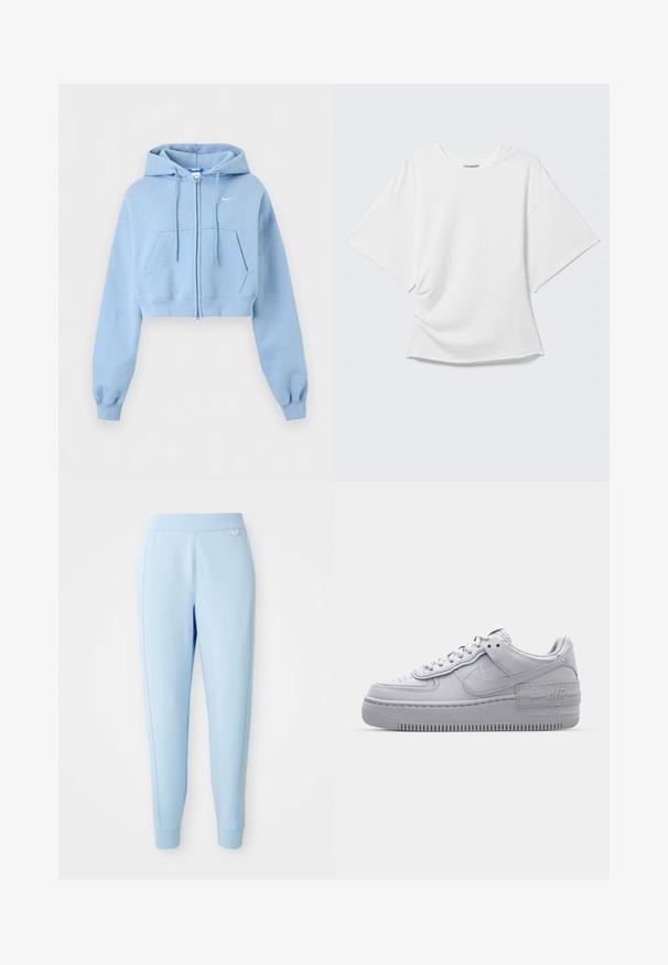 Sudadera cropped azul claro con cremallera, bolsillos frontales, capucha con cordón, puños acanalados y pequeño logo blanco de Nike en el pecho.; Camiseta blanca oversized de manga corta con cuello redondo mostrada sobre un fondo gris claro.; Pantalones de chándal azul claro hechos de material suave, que presentan una textura lisa, piernas ajustadas y un sutil acento de logo en el costado.; Zapatilla Nike Air Force 1 gris con puntera perforada, parte superior de cuero suave, suela gruesa y detalle en relieve 'AIR' en el talón.