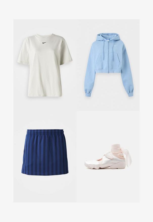 Lichtblauwe cropped zip-up hoodie met voorzakken, trekkoord in de capuchon, geribde boorden en klein wit Nike-logo op de borst.; Witte katoenen t-shirt met een ronde halslijn en korte mouwen. Heeft een klein zwart Nike-logo op de borst. Eenvoudig en onopgesmukt ontwerp.; Marineblauwe rok met verticale strepen, elastische tailleband, lengte tot halverwege het bovenbeen, gemaakt van lichte stof, gladde textuur.; Witte en lichtroze sneaker met zachte stoffen enkelwikkeling gestrikt in een strik, met verstelbare riem en afgeronde zool.