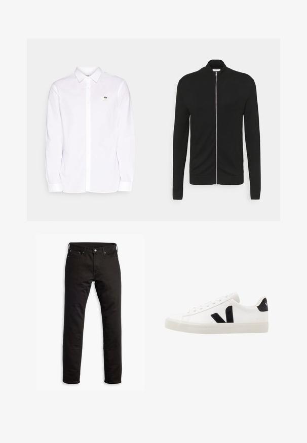Lindbergh ZIP - Cardigan - black; Hvid langærmet skjorte lavet af bomuld, med krave der kan knappes ned, et grønt broderet logo på venstre bryst og lige manchetter.; Sorte denimjeans med et lige ben-design, forlommer og knaplukning. Stoffet har en glat tekstur og minimal detaljering.; Hvide lædersneakers med sorte ruskindsdetaljer; har en gummisål, rund tå og klassisk snørebåndsdesign. Side logo i sort.