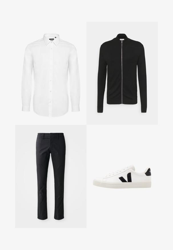 Lindbergh ZIP - Gilet - black; Chemise blanche à manches longues en tissu tissé, avec un col à rabat, une patte de boutonnage à l'avant et des manches avec boutons. Design minimal.; Pantalons droits noirs en tissu lisse avec une fermeture à un bouton et des passants de ceinture. Design minimaliste sans motifs visibles.; Sneaker blanche en cuir avec des accents en daim noir ; dispose d'une semelle en caoutchouc, d'un bout rond et d'un design classique à lacets. Logo latéral en noir.