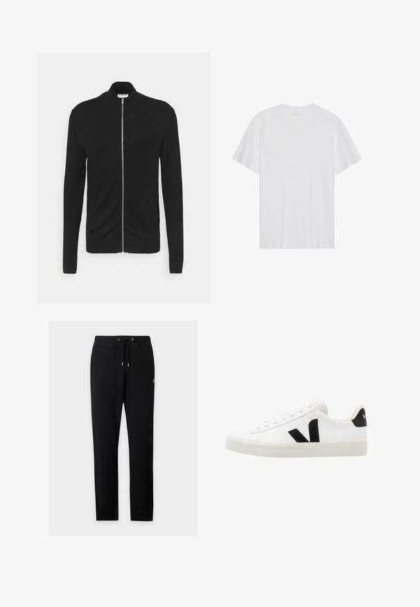 Lindbergh ZIP - Gilet - black; T-shirt en coton blanc à manches courtes, col rond et texture lisse. Présente un branding minimal au niveau du col.; Pantalon de jogging noir à cordon avec taille et poignets élastiques, présenté sur fond gris clair.; Sneaker blanche en cuir avec des accents en daim noir ; dispose d'une semelle en caoutchouc, d'un bout rond et d'un design classique à lacets. Logo latéral en noir.