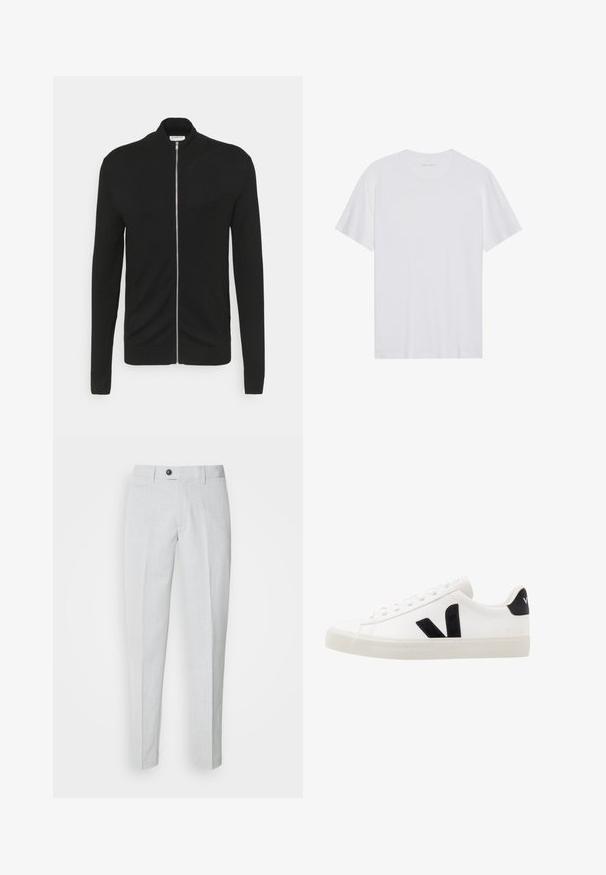 Lindbergh ZIP - Cardigan - black; Hvid bomulds T-shirt med korte ærmer, rund hals og en glat tekstur. Har minimal branding på halsudskæringen.; Lys grå bukser lavet af tekstureret stof, med knaplukning, flad front og smalle ben for en strømlinet pasform.; Hvide lædersneakers med sorte ruskindsdetaljer; har en gummisål, rund tå og klassisk snørebåndsdesign. Side logo i sort.