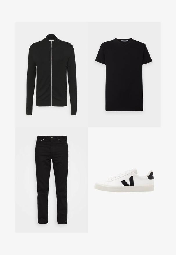 Lindbergh ZIP - Chaqueta de punto - black; Camiseta de algodón negra con mangas cortas y cuello en V. Diseño sencillo, color sólido y textura suave. Sin patrones ni acentos visibles.; Jeans de denim negro con un diseño de pierna recta, estilo de cinco bolsillos y herrajes de metal; textura suave y color oscuro clásico.; Zapatilla de cuero blanca con acentos de ante negro; presenta una suela de goma, puntera redonda y un diseño clásico de cordones. Logo lateral en negro.