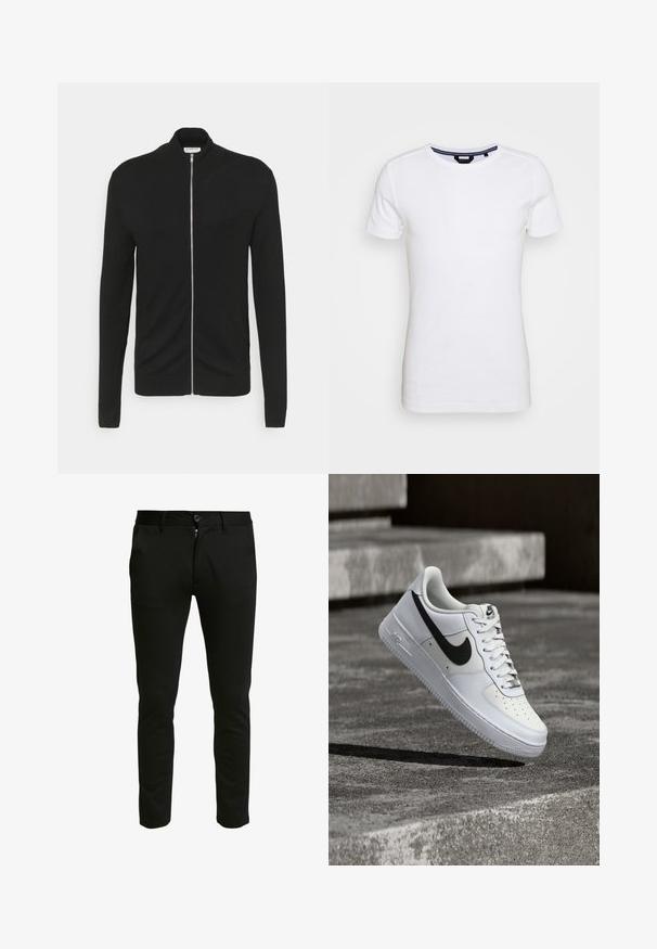 Lindbergh ZIP - Vest - black; Lindbergh T-shirt basic - white; Zwarte, slim-fit broek van een zachte stof. Voorzien van een ritssluiting en knoopsluiting, met twee zijzakken en een schone, gladde textuur.; Witte Nike Air Force 1 sneaker met zwarte swoosh, veters gestrikt, zwevend in de lucht boven een gestructureerd betonnen oppervlak buiten.