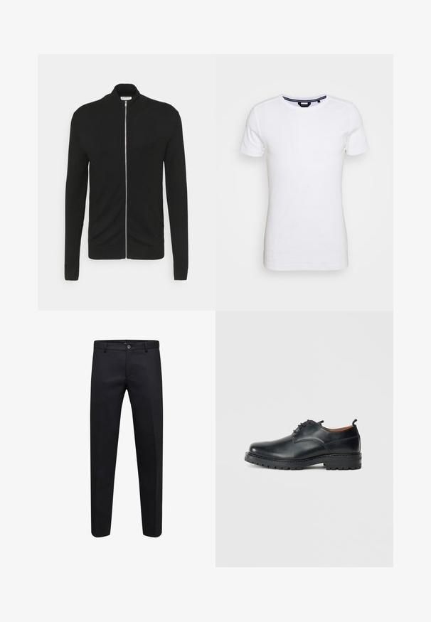 Lindbergh ZIP - Vest - black; Lindbergh T-shirt basic - white; Zwarte formele broek met knoop- en ritssluiting, rechte snit en riemlussen, getoond op een witte achtergrond.; Zwarte leren derby schoenen met een gladde textuur, ronde neus, vetersluiting en een dikke, robuuste rubberen zool.