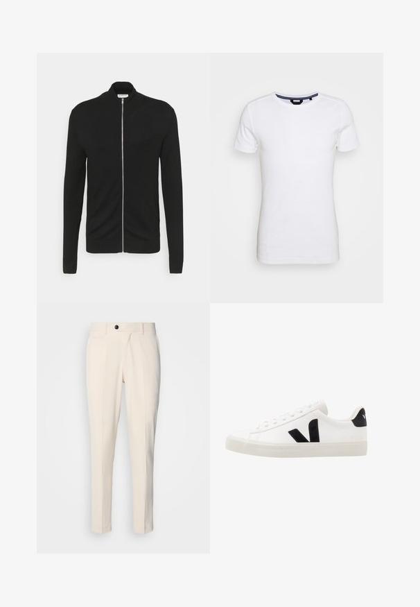 Lindbergh ZIP - Strickjacke - black; Lindbergh T-Shirt basic - white; Beige maßgeschneiderte Hosen mit flacher Vorderseite, Ein-Knopf-Verschluss und zwei schrägen Seitentaschen. Glattes Material mit schmaler Passform und spitz zulaufendem Bein.; Weiße Leder-Sneaker mit schwarzen Wildlederelementen; verfügen über eine Gummisohle, eine runde Spitze und ein klassisches Schnürdesign. Seitliches Logo in Schwarz.