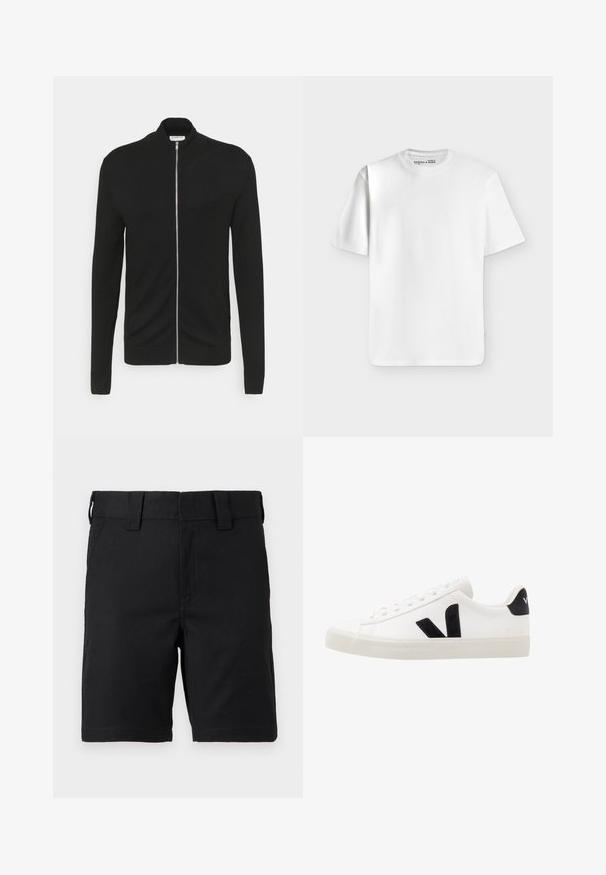 Lindbergh ZIP - Cardigan - black; Klassisk hvid T-shirt med korte ærmer og rund hals lagt fladt på en lysegrå baggrund med et lille mærke inde i halsudskæringen.; Sorte knælange shorts med bæltestropper og forlommer, lavet af robust stof, vist på en hvid baggrund.; Hvide lædersneakers med sorte ruskindsdetaljer; har en gummisål, rund tå og klassisk snørebåndsdesign. Side logo i sort.