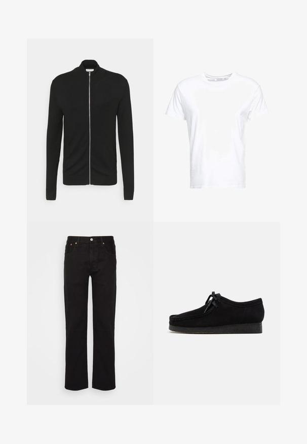 Lindbergh ZIP - Strickjacke - black; Weißes Baumwoll-T-Shirt mit rundem Ausschnitt und kurzen Ärmeln, im klassischen Schnitt und mit glatter Textur. Keine sichtbaren Muster oder Hardware.; Schwarze gerade geschnittene Jeans aus Baumwolle. Verfügt über fünf Taschen, einen Metallknopf und orangefarbene Nähte an der Vorderseite.; Schwarze Wildlederschuhe mit rundem Zehendesign, einer Schnürfront und einer strukturierten schwarzen Gummisohle. Glattes Obermaterial mit dezenten Nahtdetails.